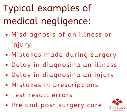 Typical examples of medical negligence in Ireland include Misdiagnosis of an illness or injury Mistakes made during surgery Delay in diagnosing an illness Delay in diagnosing an injury Mistakes in prescriptions Test result errors Pre and post surgery care 